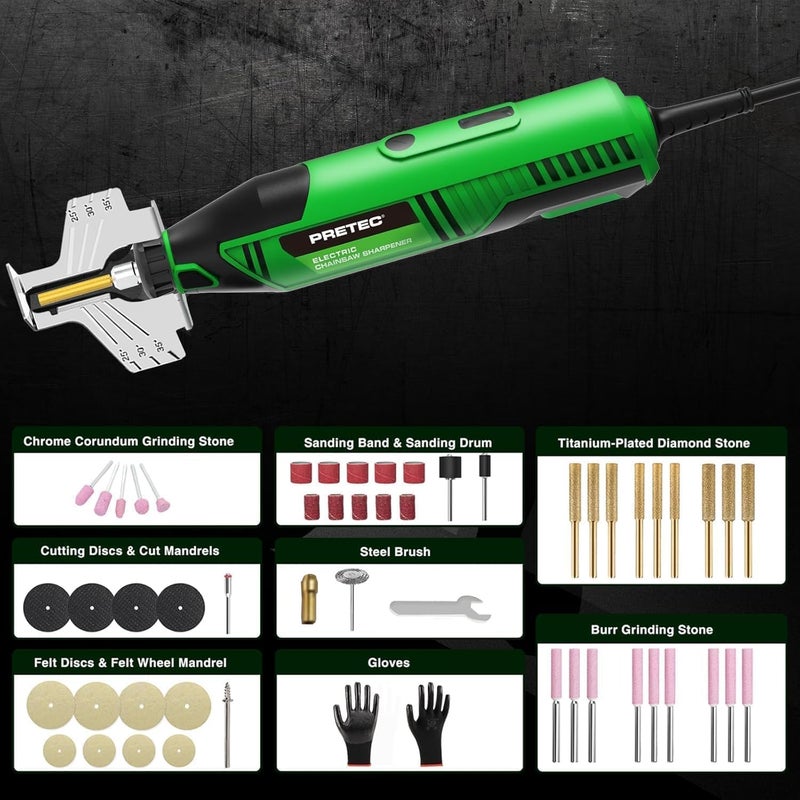 PRETEC Electric Chainsaw Sharpener Kit – Multi-Purpose Chain Saw Sharpener Tool with Diamond Sharpening Wheels, Angle Attachment and Wrench for All Chainsaw Chains (54-Piece Accessories) - Image 5
